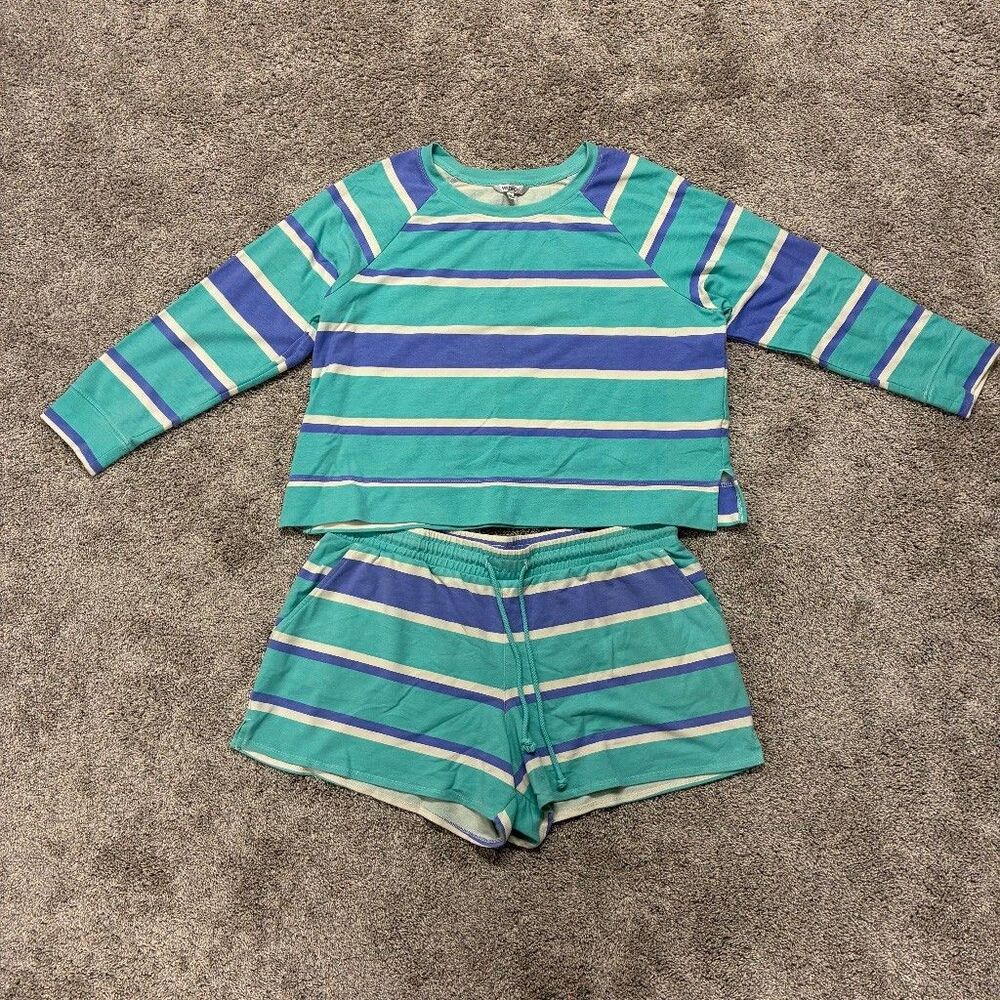 Wildfox Striped Sweatshirt Shorts Set Women’s XL Aqua Blue 2 Piece Loungewear